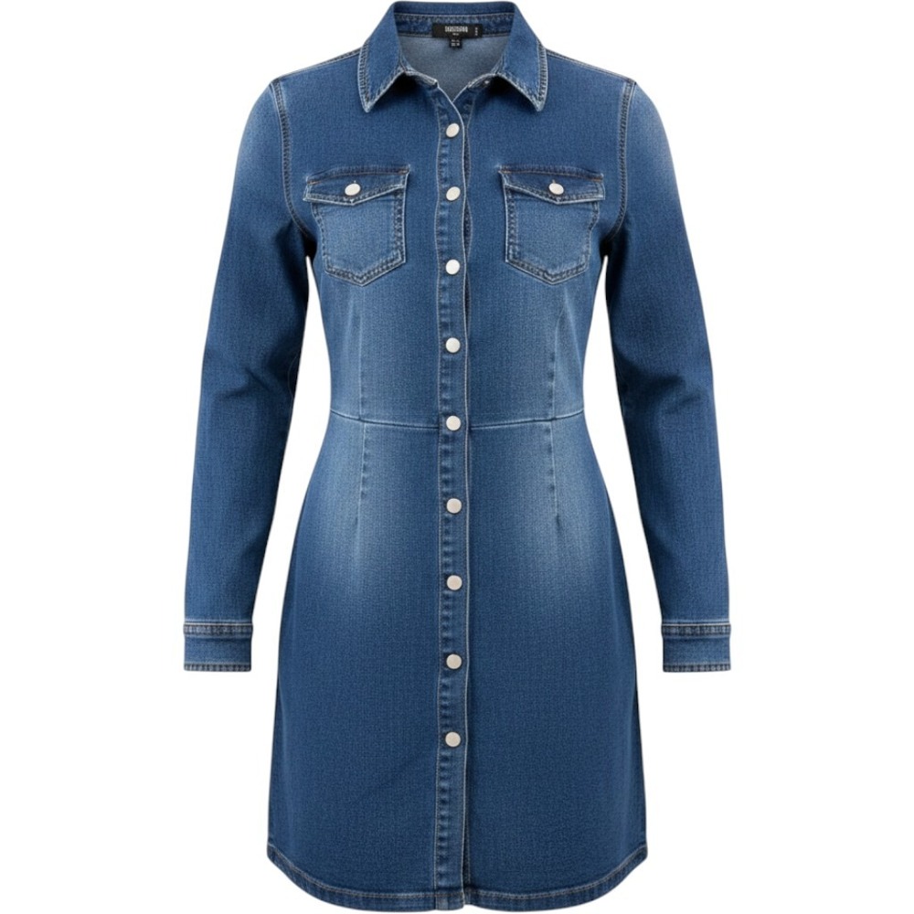 Missguided Denim Dress Womens 4‎ Blue Button Up Long Sleeve Mini Tall Jean Dress